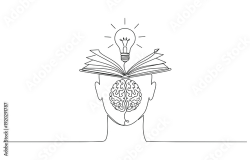 Head with open book and lightbulb continuous line drawing.