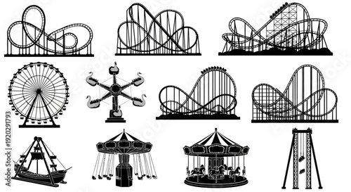 Various amusement park attractions and rides illustrated in black and white from a distant viewpoint