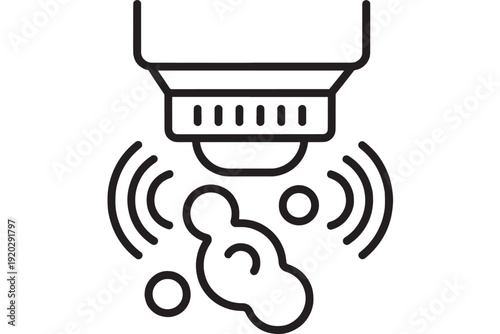 Sensor ultrasonic cleaning icon with waves and dirt particles under device, minimal outline pictogram for hygiene, sanitation technology, isolated on white background