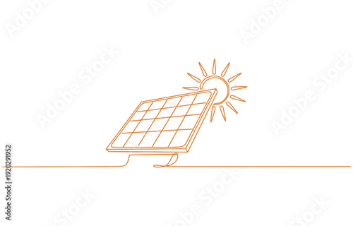 Continuous one line drawing of solar panels and sun, a minimalist illustration.