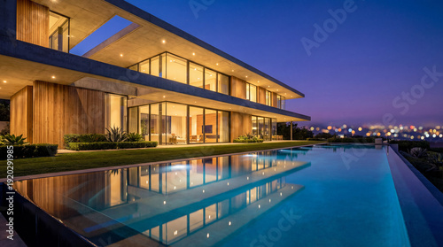 Modern luxury two-story house at twilight with glass walls, wood and concrete design, warm interior lights, infinity pool, landscaped garden, and city view. Contemporary architecture and elegance