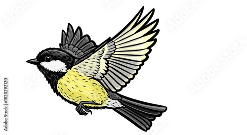 A black and yellow bird in mid-flight, wings spread wide, showcasing its vibrant plumage, captured from a side view.