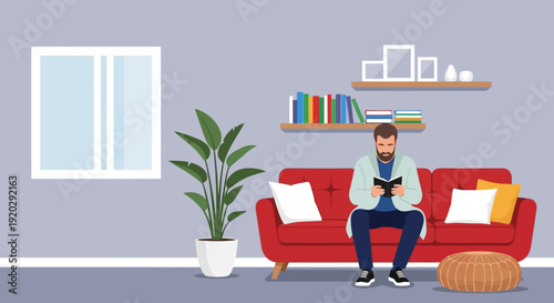 Man relaxing on red couch in living room with laptop and potted plant nearby