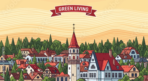 Sustainable community living amidst lush forest landscape with eco-friendly homes and church from aerial viewpoint