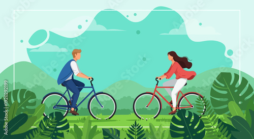 Couple Riding Bicycles Together Through a Lush Green Landscape on a Sunny Day