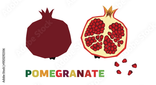 Illustration of a pomegranate and its cross-section with seeds, showcasing the fruit's structure and vibrant colors in a clean and simple design