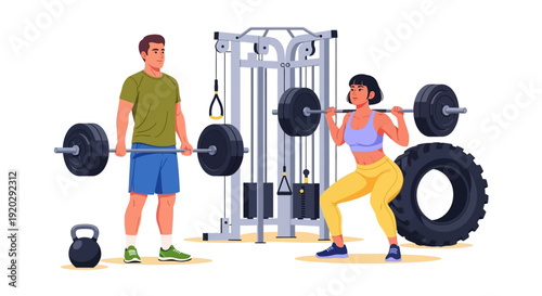 Man and woman exercising with weights and fitness equipment in a gym setting from a frontal viewpoint