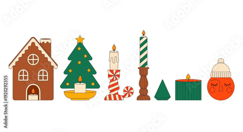 Christmas decorations and festive elements arranged in a row on a plain background