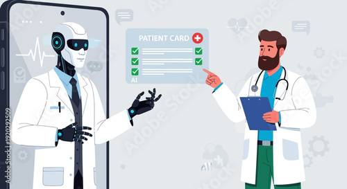 A robot doctor interacts with a human doctor beside a large smartphone displaying a patient card, in a modern medical setting.