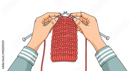 Hands knitting a red fabric with knitting needles from a top-down viewpoint