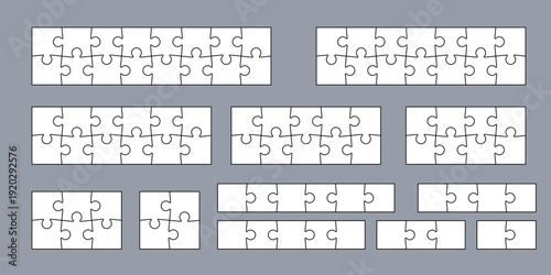 Jigsaw puzzle piece set in different sizes. Collection of templates with outline for game, infographic, educational design. Vector jigsaw picture texture collection. Kit of Puzzle grid business chains
