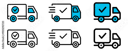set of delivery truck icons with check marks on sides  various line styles and colors