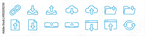 Sketchy line icons for download, upload, cloud storage, folders, and files. Blue and black hand-drawn design elements for user interface design.