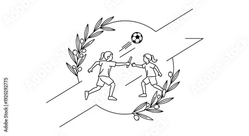 Children Playing Soccer Game, Youth Sports, Teamwork, Outdoor Activity, Line Art