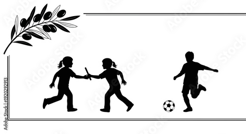 Children Silhouettes Playing Soccer and Relay Race with Olive Branch