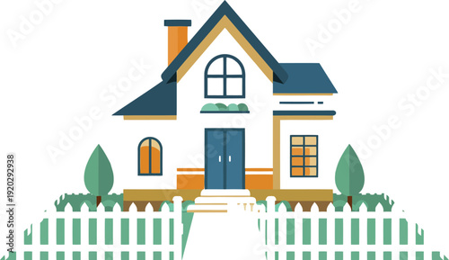 Delightful cartoon house stands prominently.