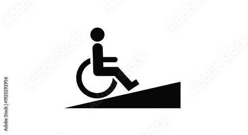 Black and white pictogram illustrating a person in a wheelchair accessing an inclined ramp symbolizing universal accessibility and inclusion standards