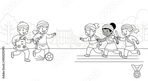 Diverse Children Playing Sports Outdoors: Soccer and Relay Race