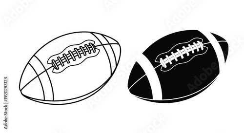 Two contrasting graphic representations of an American football showing a simple outline design next to a solid silhouette icon for sports concepts