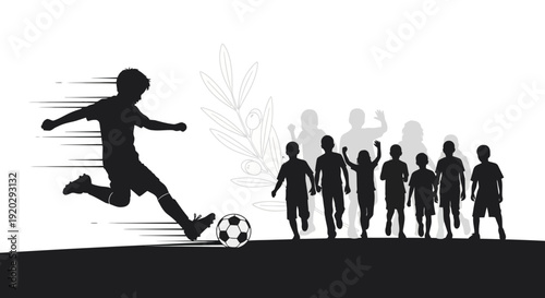 Silhouette of a boy kicking a soccer ball with excited children watching