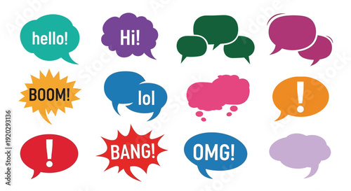 Collection of vibrant colorful comic book style speech bubbles and chat icons featuring various expressions and communication symbols for graphic design projects.