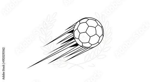 Soccer ball in motion, speed lines, laurel wreath, sport symbol, black and white