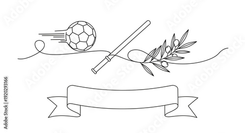 Soccer Ball, Baton, Olive Branch, and Banner - Line Art Vector Icon