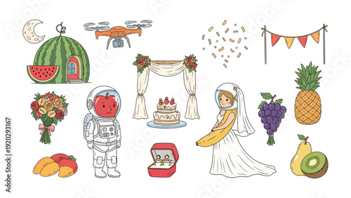 Whimsical Wedding Collage: A creative illustration featuring a unique wedding scene, including an astronaut, a banana bride, a watermelon house, and various wedding elements.