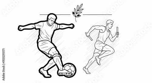 Soccer Player Kicking Ball and Runner with Relay Baton, Line Art