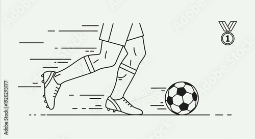 Soccer Player Kicking Ball, Motion Lines, Medal, Outline Style