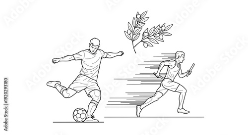 Soccer Player Kicking Ball, Runner with Relay Baton, Olive Branch - Line Art