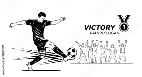 Soccer Player Kicking Ball, Victory Celebration Team, Championship Medal