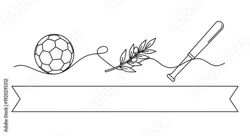 Sports Icons: Soccer Ball, Olive Branch, Baseball Bat, Ribbon Banner - Line Art