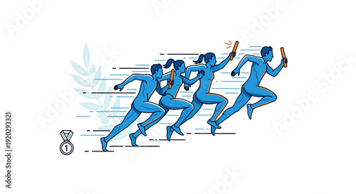 Teamwork Relay Race: Runners Passing Baton, Success Symbol