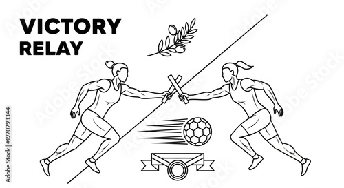 Victory Relay Race: Female Athletes Passing Baton, Olive Branch, Medal, Soccer Ball