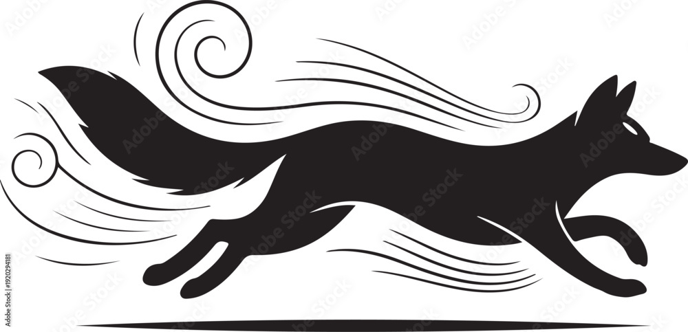 Naklejka premium Dynamic Running Fox Silhouette Vector with Swirling Wind Lines