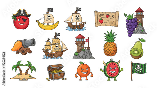 Whimsical Pirate Fruits and Treasures: A playful and imaginative illustration features an array of animated fruits transformed into whimsical pirates, complete with pirate ships, treasures, and maps.