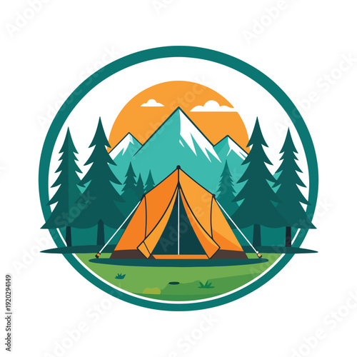 Camping tent in forest at sunrise with trees and nature emblem