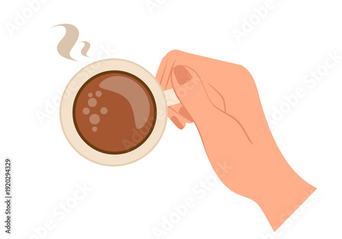 Hand holding cup of coffee top view. Brewing or pouring espresso, coffee, cappuccino or cacao. Flat vector illustration isolated on white background.