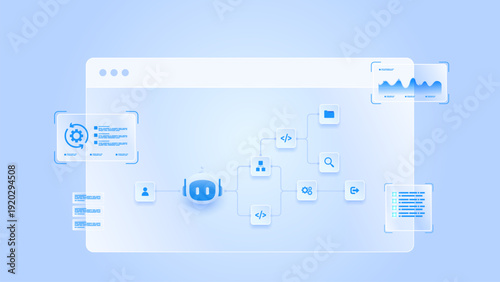 AI workflow automation artificial intelligence. ai agent workflow diagram dashboard machine learning architecture showing node input, processing flow panel, coding panel and processing flow.