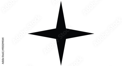 Simple stark black four-pointed geometric star shape or compass rose icon