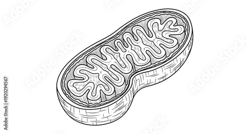 Detailed black and white line art illustration depicting a biological cross section of a mitochondrion highlighting its intricate inner membrane structures for educational purposes.