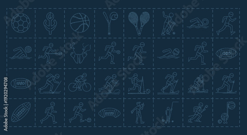 Dark theme seamless pattern of minimal sport and fitness activity icons arranged in grid layout featuring running, cycling, yoga, and workout poses ideal for background textures, app themes, sports we