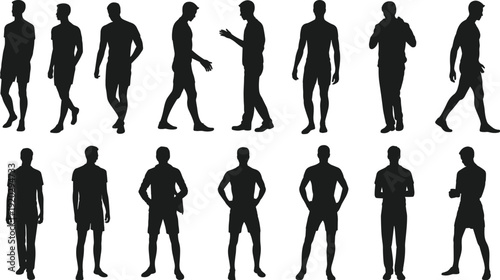 Collection of black silhouettes of men in various standing walking and casual poses isolated on white background for architectural visualization and graphic design