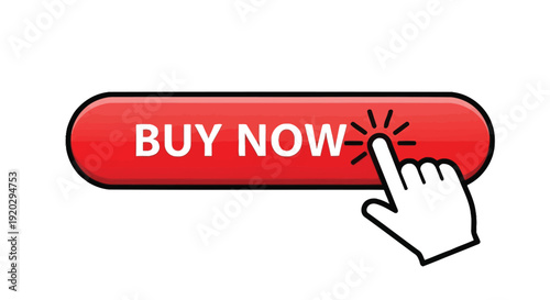 Compelling bright red call to action button graphic depicting a cursor hand pointer clicking the prominent buy now text for online transactions