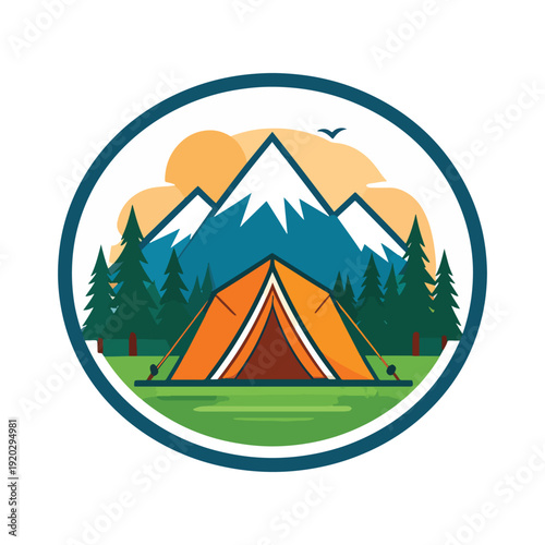 Camping tent in forest at sunrise with trees and nature emblem