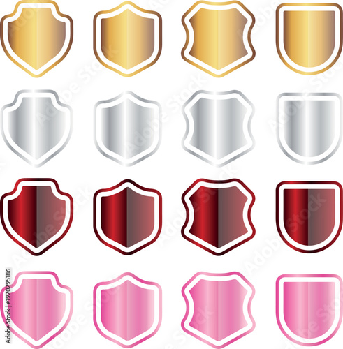 set of thematic shield frames with gold, silver and other color gradients, for coats of arms, backgrounds and other thematic designs