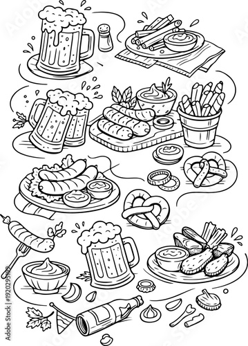 set of thematic icons of various beers in rectangular glasses and various hot and cold snacks for beer and sauces in line art style