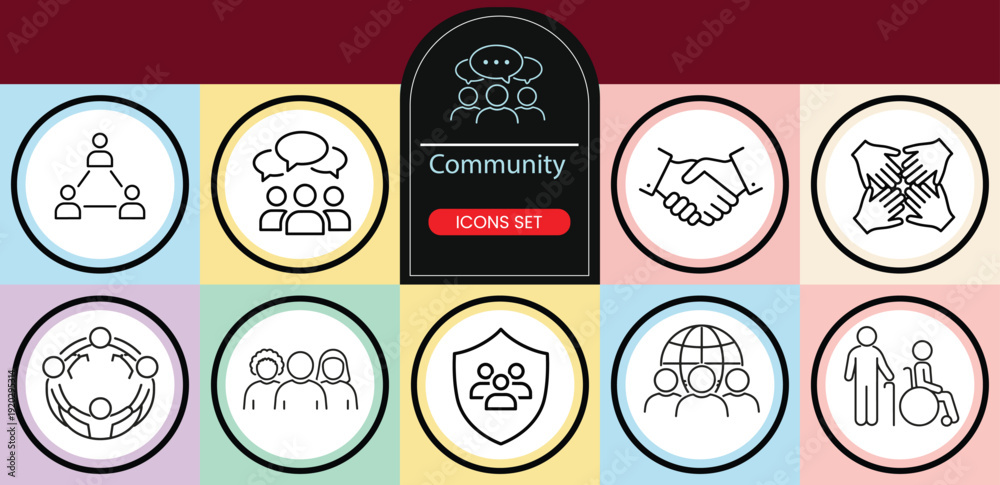 Obraz premium Society & Community Line Icons Set ? People, Cooperation, Networking Outline Vector Collection.eps