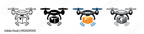 Drone delivery icons carrying boxes on dark gradient background